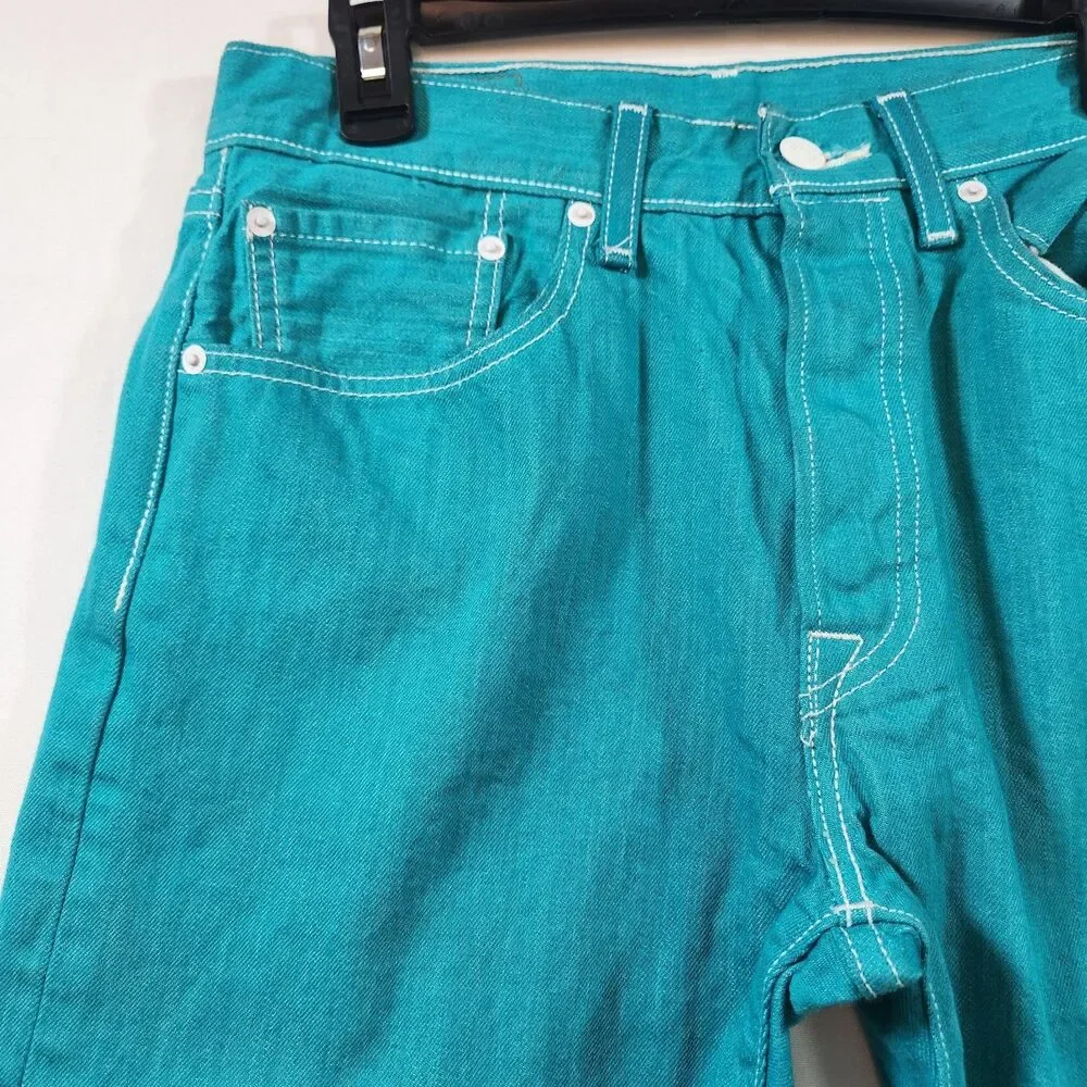 Levi's 501 Mens Jeans Button Fly Straight Leg W32 x L30 Act W29 x L28 Teal Blue - Picture 2 of 16